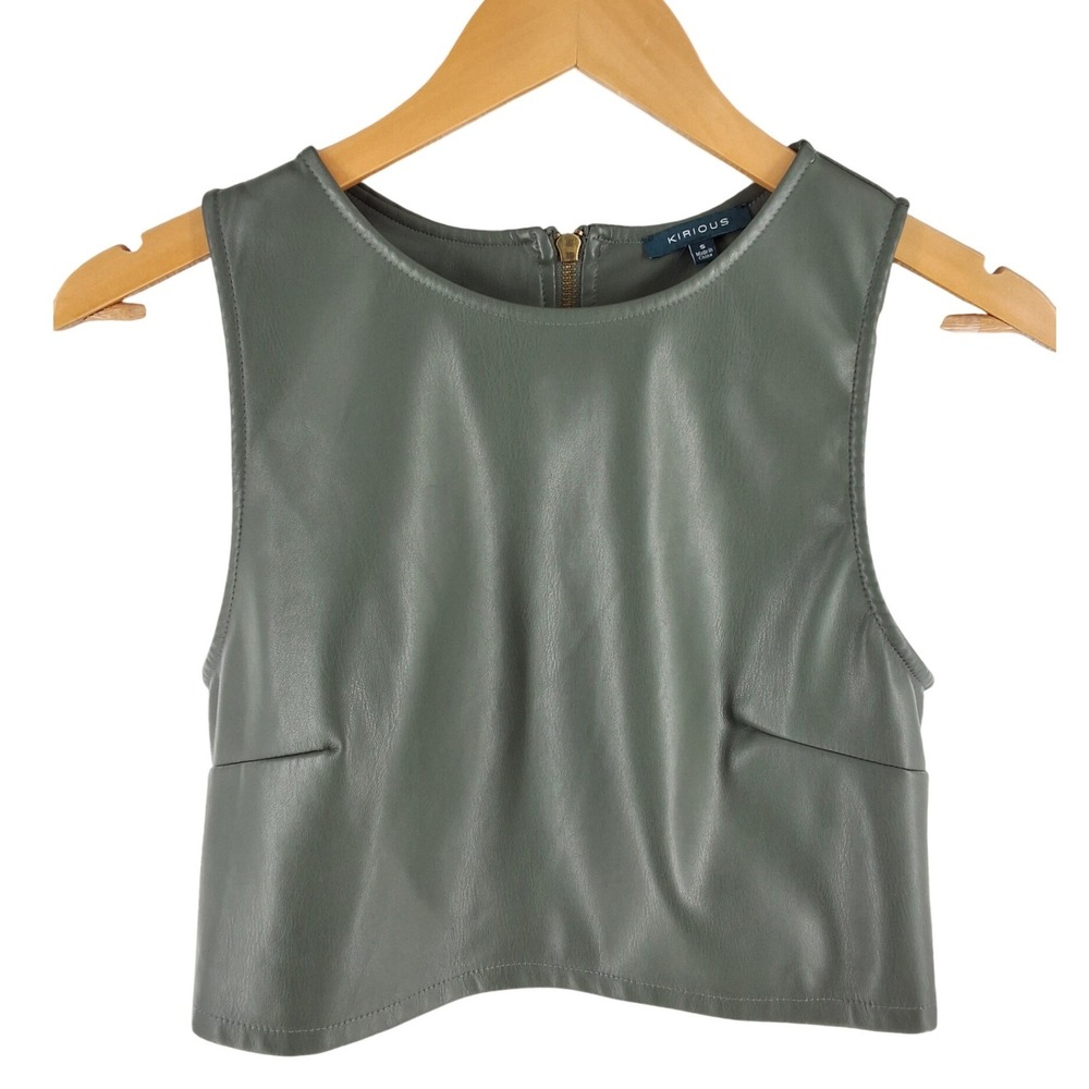 Kirious Olive Green Faux Leather Cropped Tank Top Back Zip Small